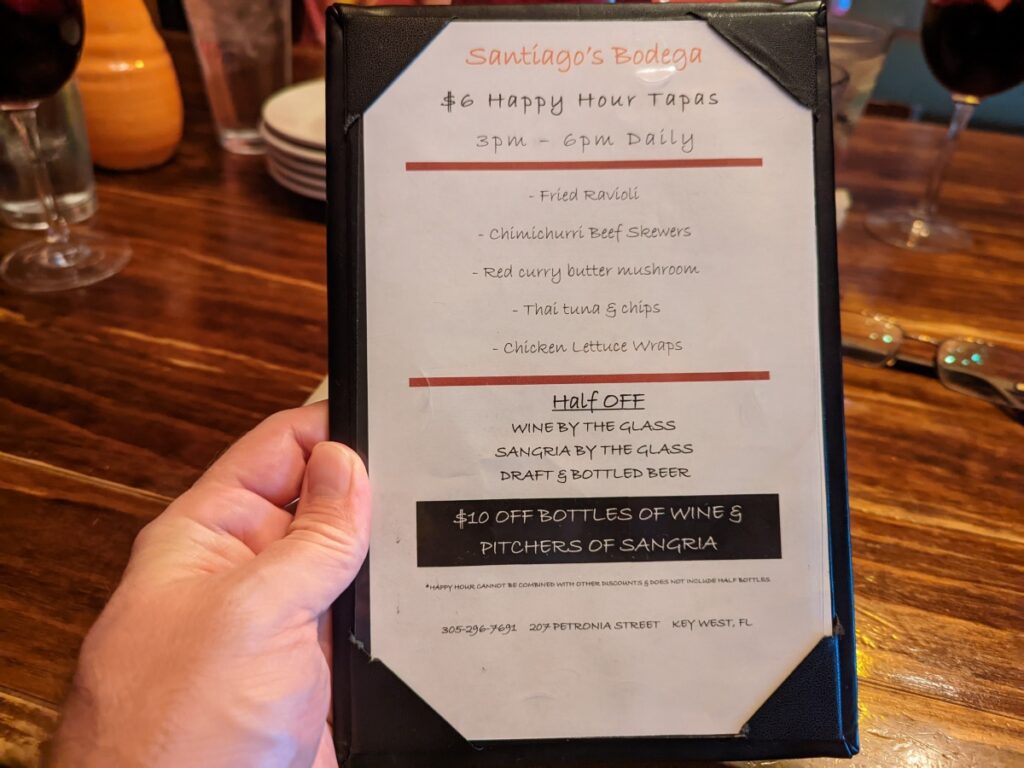 Santiago's Bodega happy hour menu Key West