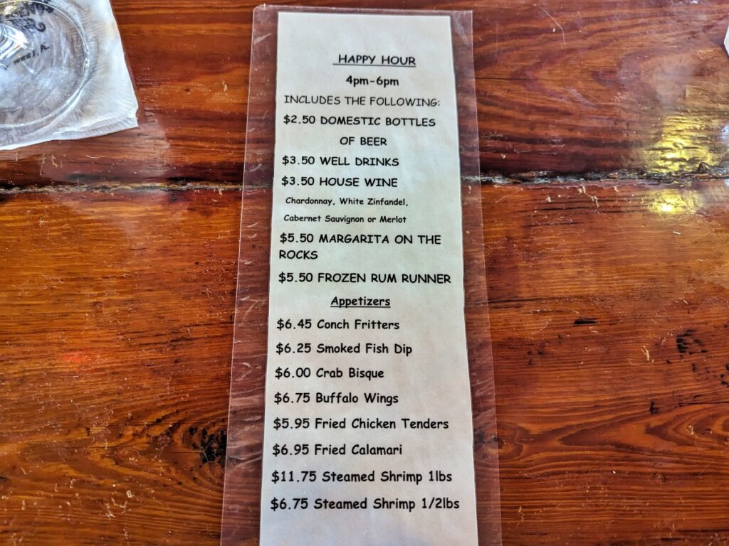 Two Friends Patio Restaurant specials menu in the Key West happy hour food guide