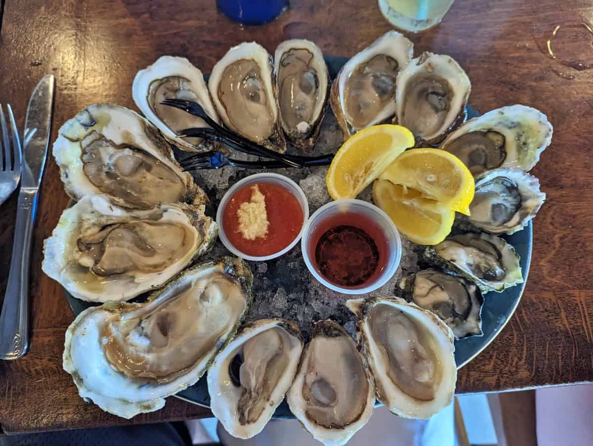 A platter of different oyster varieties on ice and raw at Alonzo's Oyster Bar in Key West.