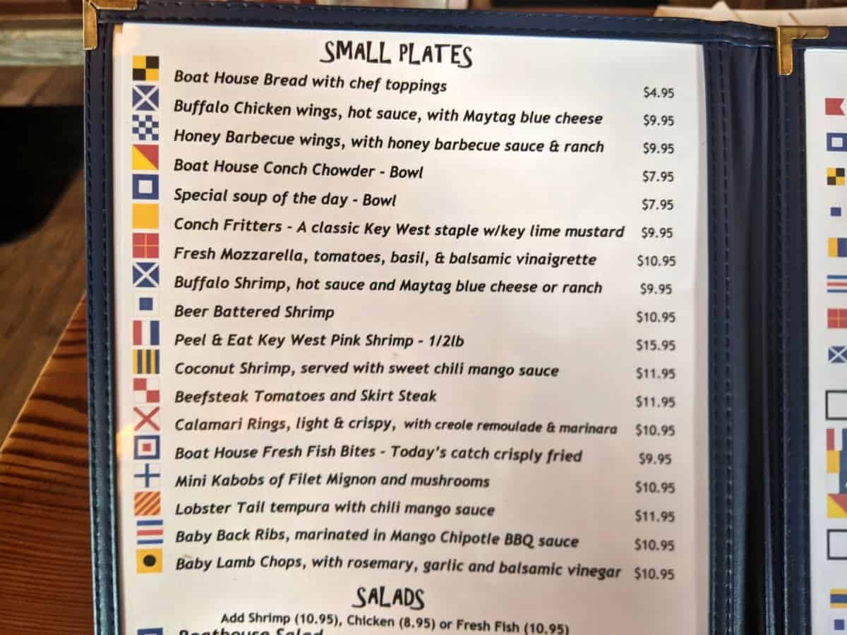 Small Plates menu from the Boat House restaurant in Key West. These are all half-off during happy hour.