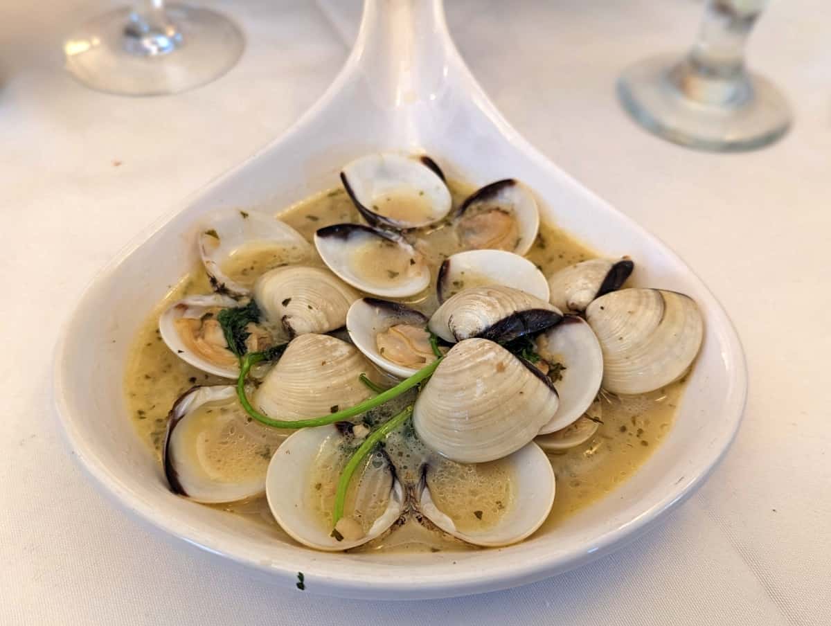A picture for the Key West happy hour food guide of steamed clams from Grand Cafe's appetizer menu.