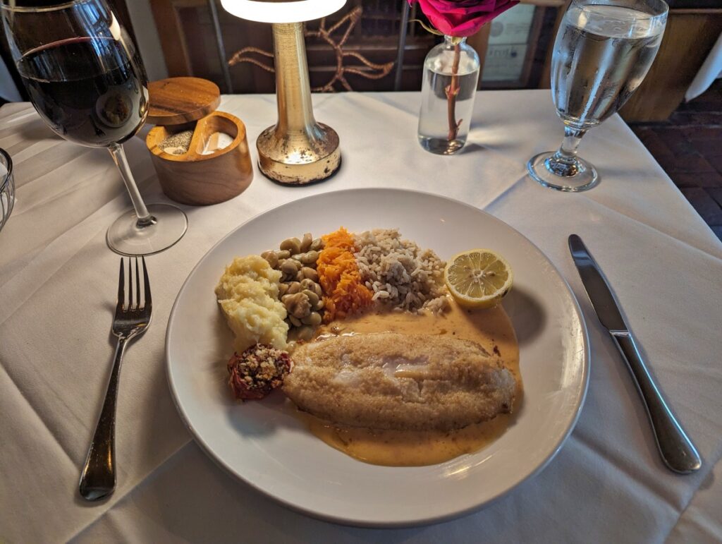 hogfish with rice and vegetables at Cafe Sole in Key West