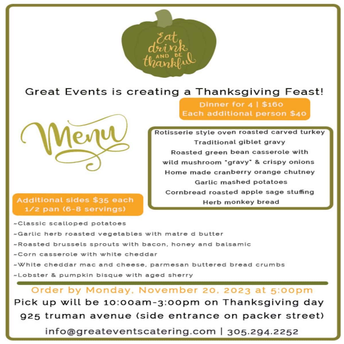 Great Events Catering menu for pick up Thanksgiving Day in Key West