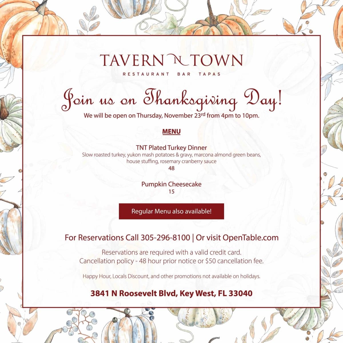 Tavern N Town Thanksgiving menu for 2023