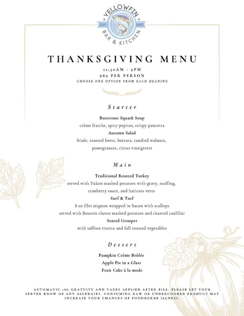 Yellowfin Thanksgiving menu