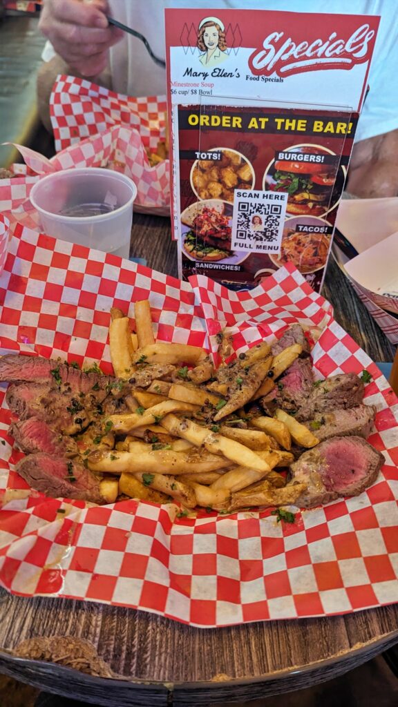 Steak filet and fries at Mary Ellen's Bar