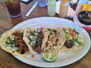 Four tacos on a platter at El Molcajete Mexican Restaurant in Key West