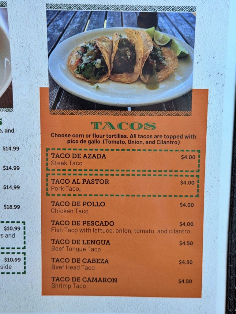 Menu of taco options with prices and toppings at El Molcajete Mexican Restaurant