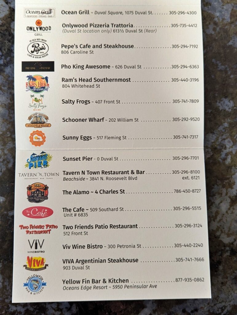 list of restaurants for the woman's club card