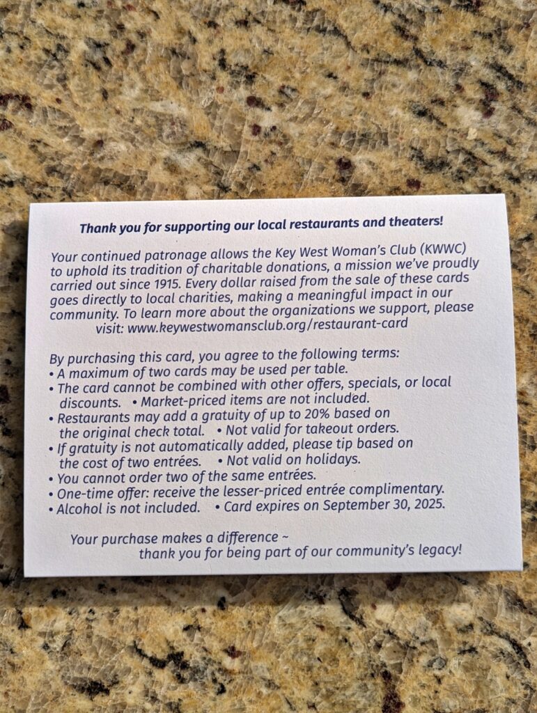 rules that apply to the key west restaurant card