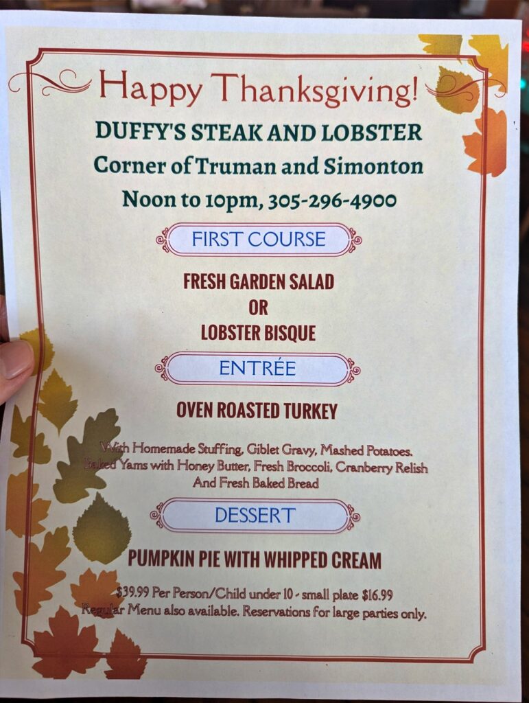 Duffy's Thanksgiving menu