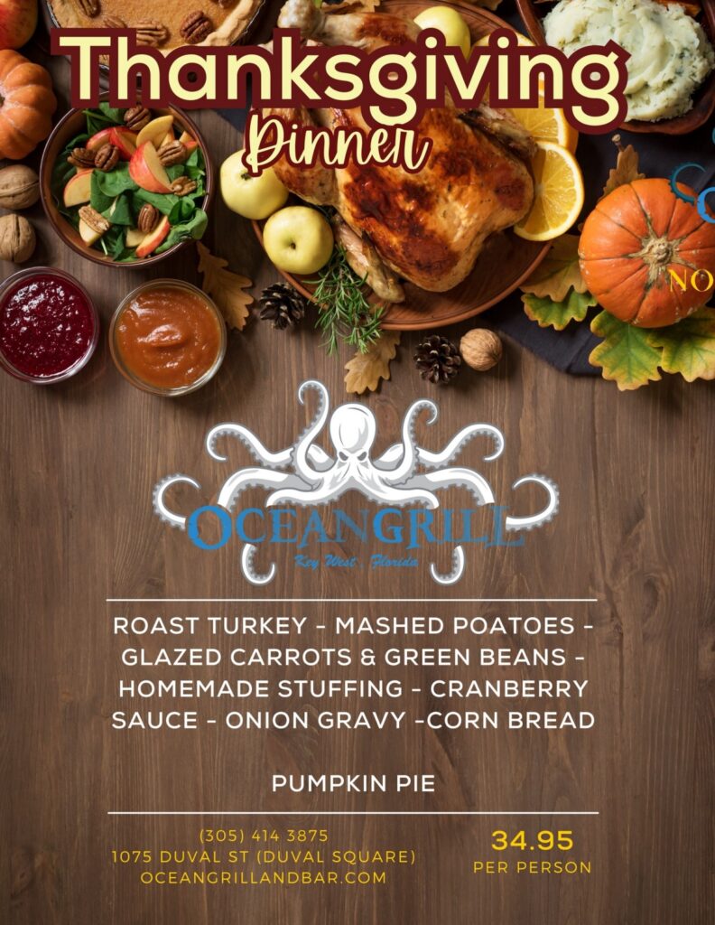 Thanksgiving menu for ocean grill and bar in Key West