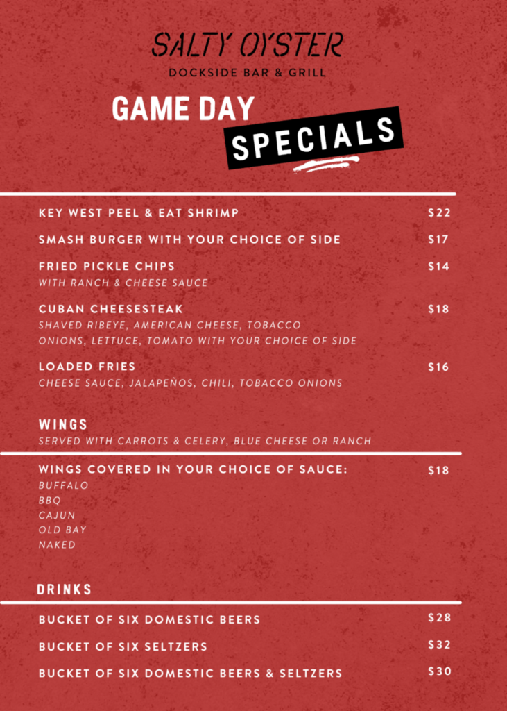 Game day specials at Salty Oyster Dockside