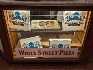 Pizza boxes and cookies on display at White Street Pizza