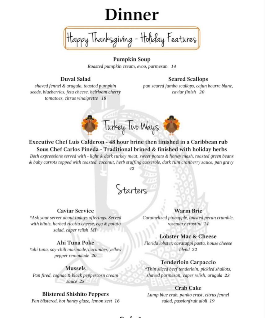 Thanksgiving menu for Bagatelle