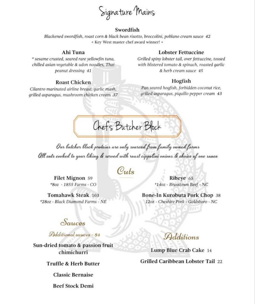 Specials and mains for Bagatelle Thanksgiving menu