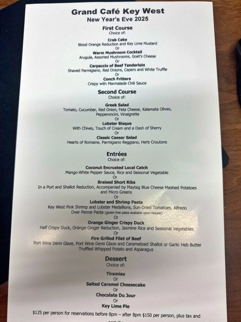 Grand Cafe NYE menu
