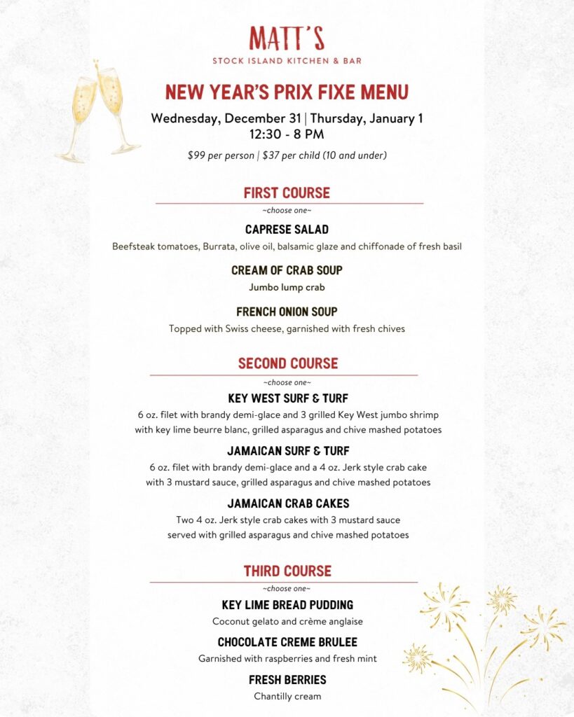 New Year's Eve & Day menu for Matt's Stock Island.