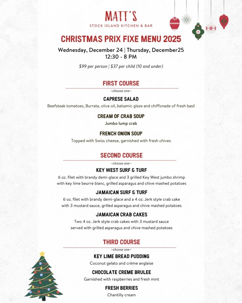 Christmas Eve and Christmas Day dining menu for Matt's Stock Island Kitchen & Bar