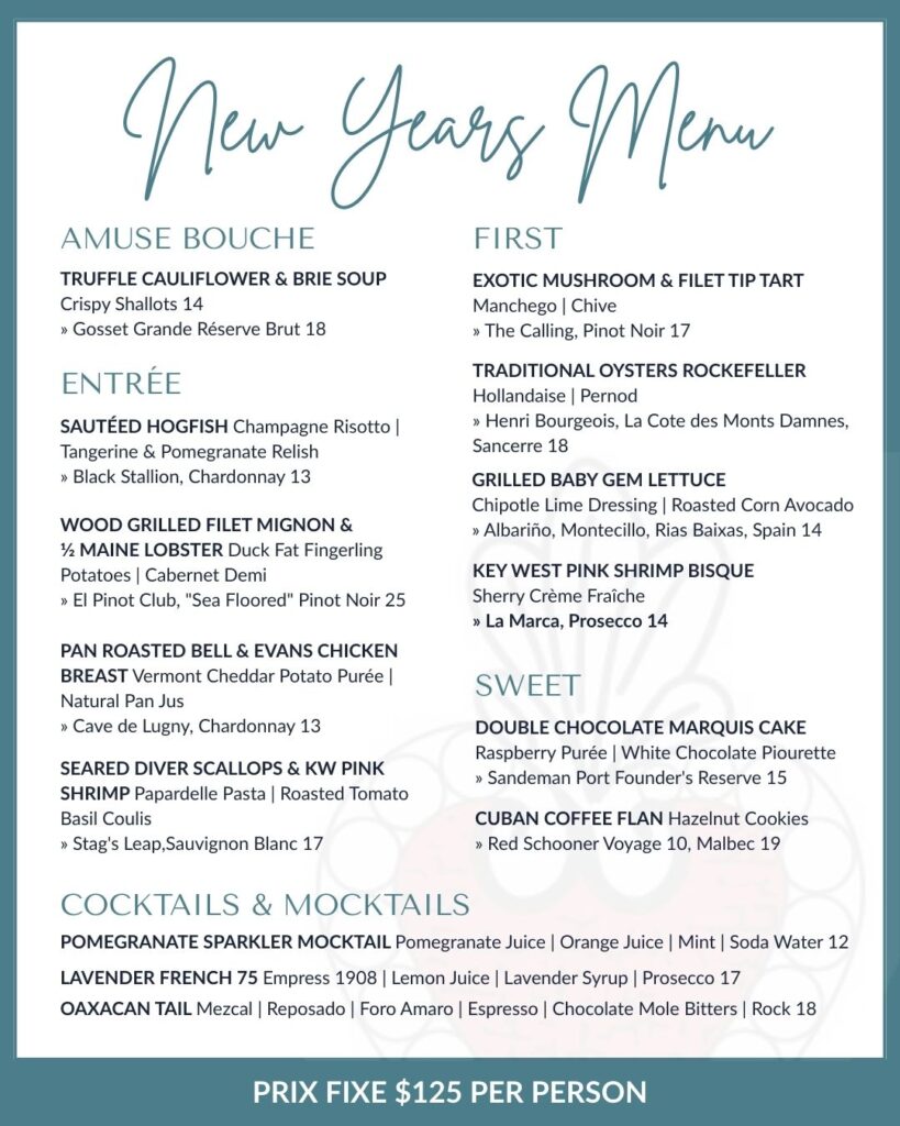 Milagro New Years Prix Fixe menu in Key West
