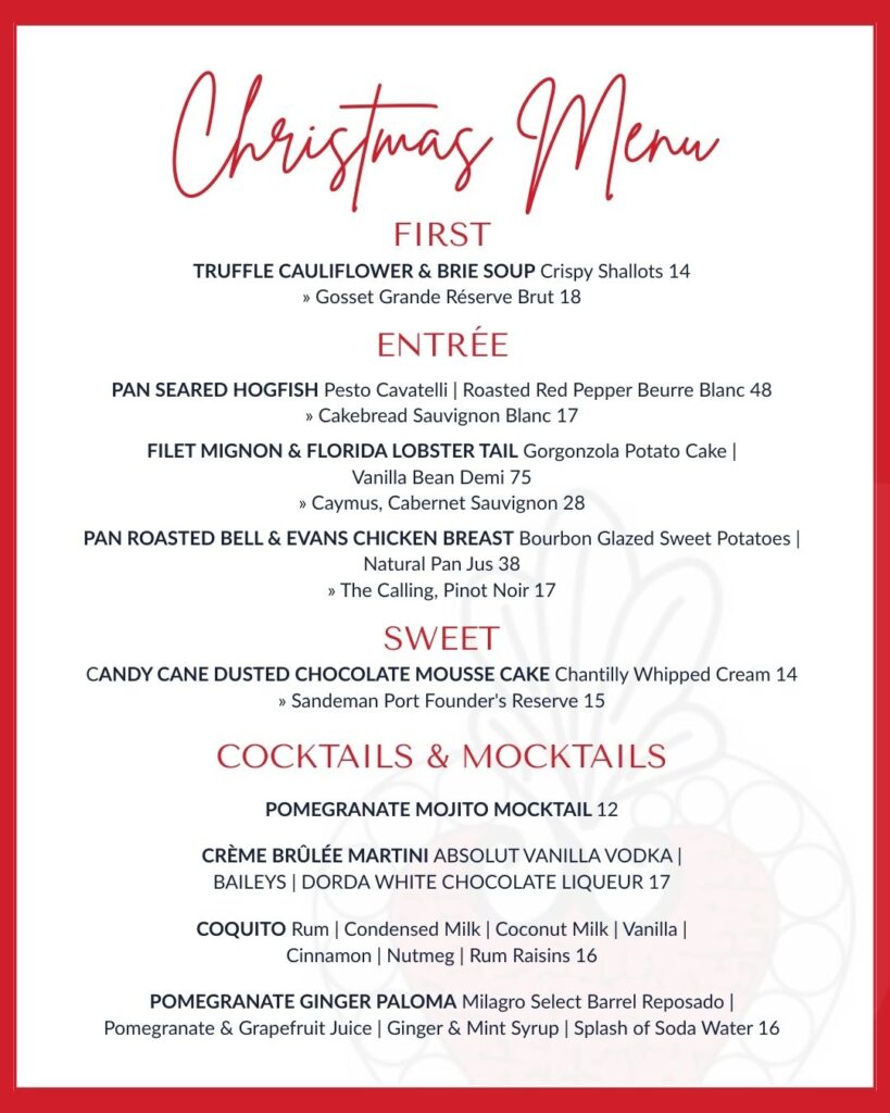 milagro christmas eve and day a la carte menu in Key West
