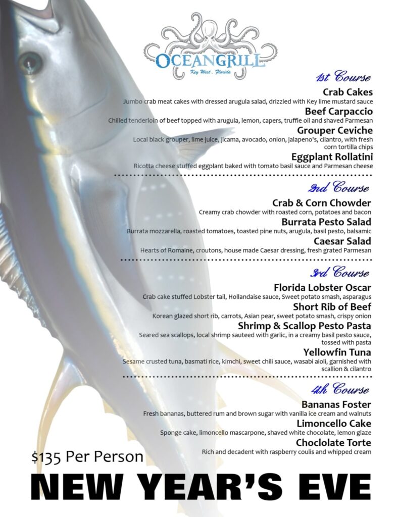 Ocean Grill Key West New Year's Eve Prix Fixe menu