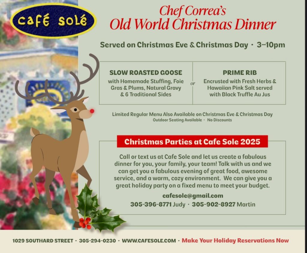 Cafe Sole Christmas Eve & Christmas Day dining menu in Key West