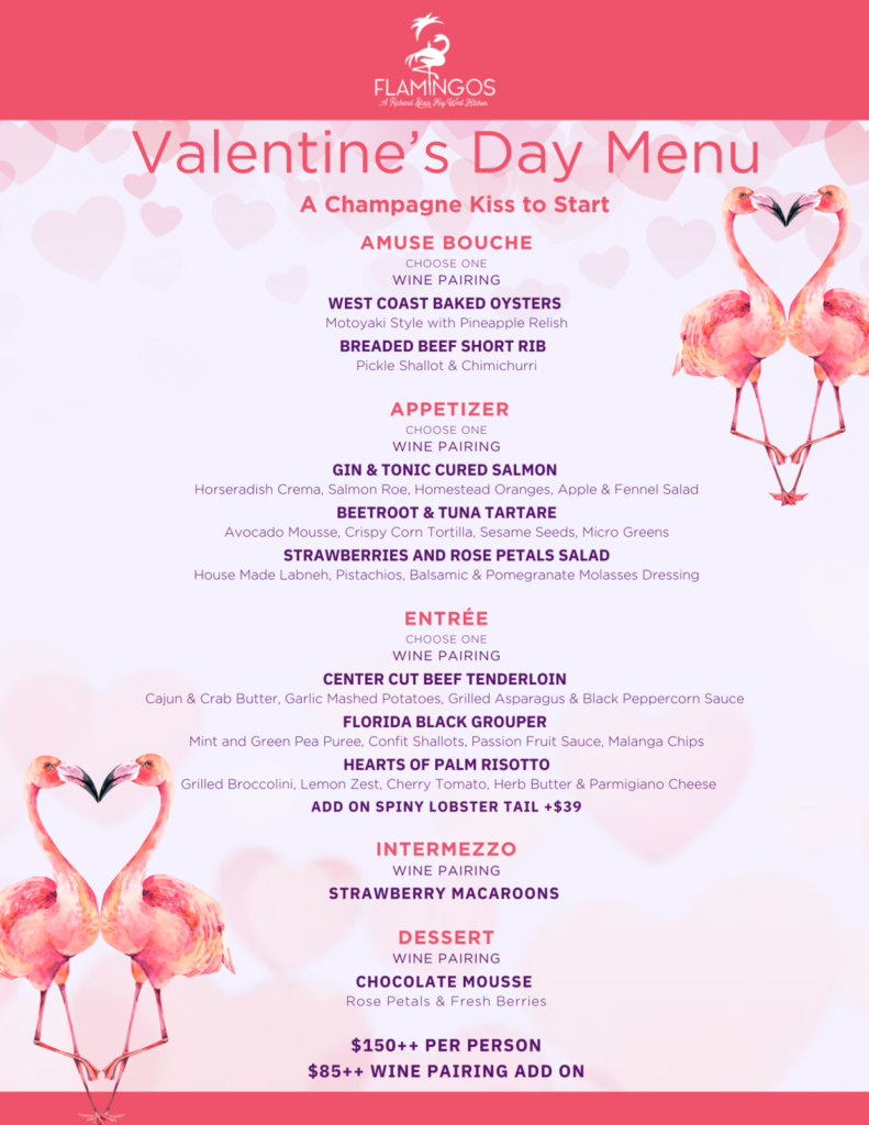 Valentines Day food menu at Four Flamingos Key West