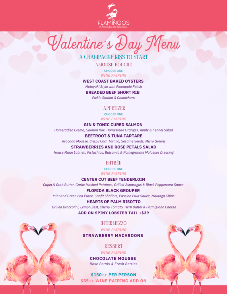 Valentines Day food menu at Four Flamingos Key West