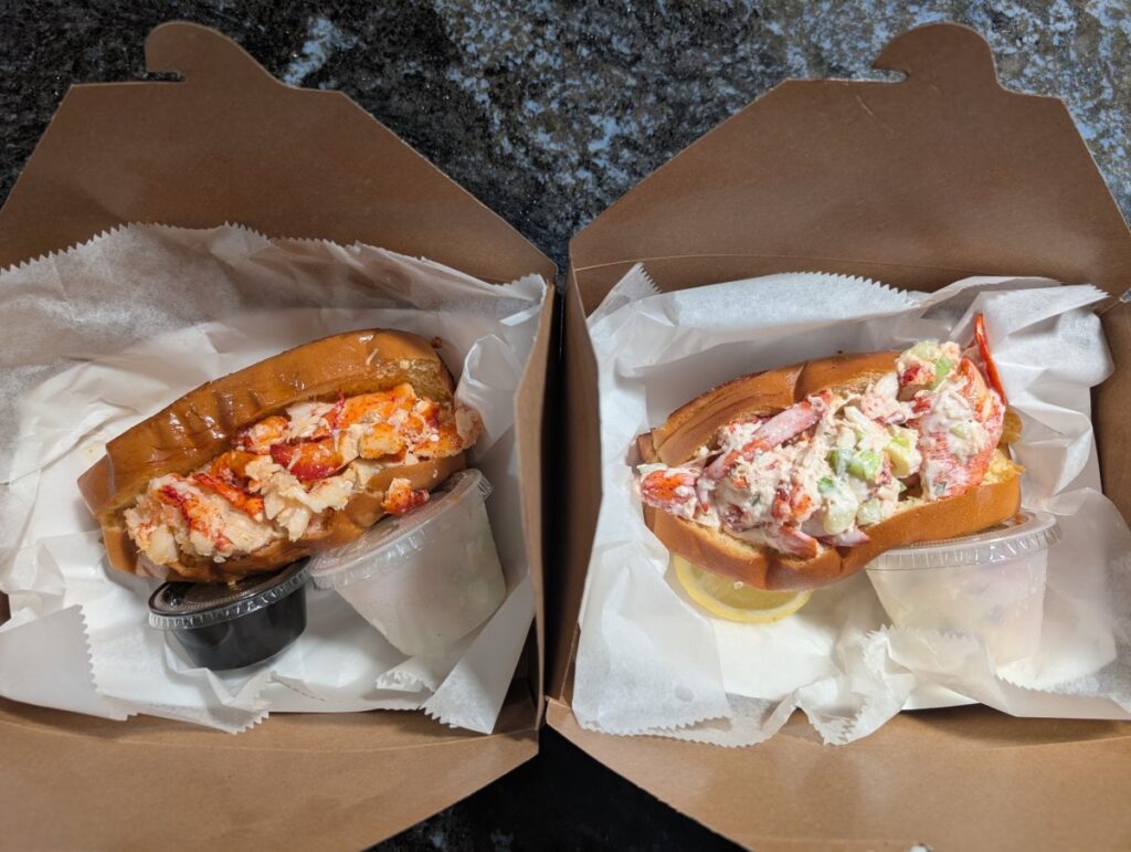 Hot butter and cold mayo lobster rolls side by side at DJ's Clam Shack in Key West
