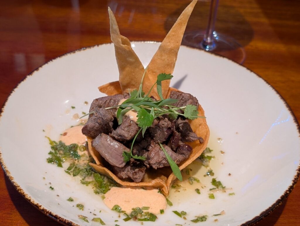 Seared filet tips in a crispy tortilla cup at Milagro in Key West