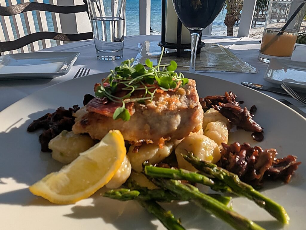 Bread encrusted black grouper with ricotta asparagus gnocchi.